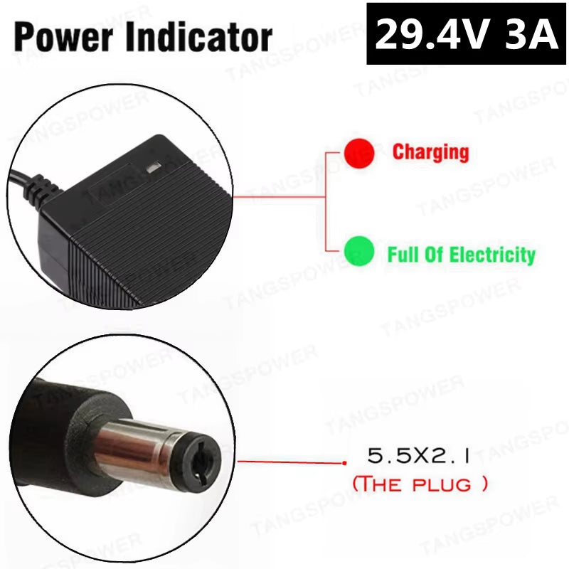 29.4V 3A Lithium Battery Charger for 7Series Li-Ion Battery Pack 24V Charger for 29.4V3A Power Tool Silent Charging