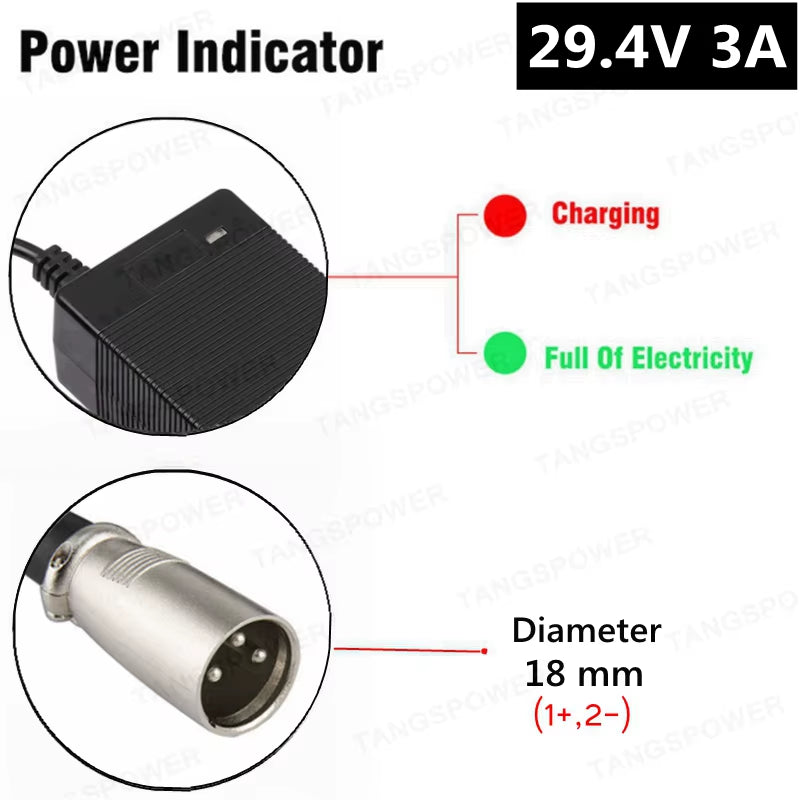 29.4V 3A Lithium Battery Charger for 7Series Li-Ion Battery Pack 24V Charger for 29.4V3A Power Tool Silent Charging