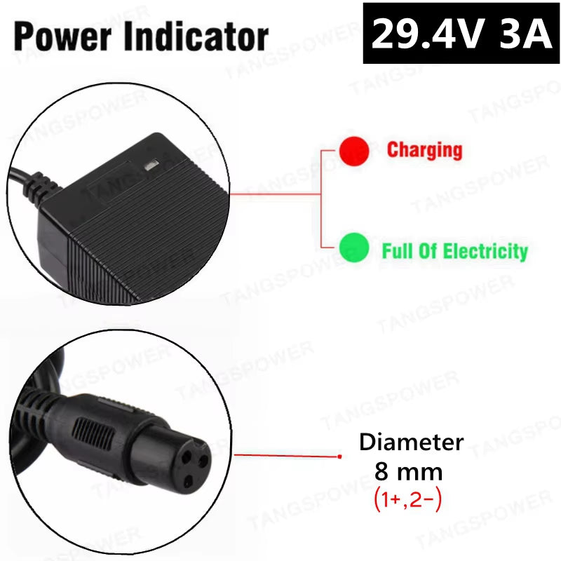 29.4V 3A Lithium Battery Charger for 7Series Li-Ion Battery Pack 24V Charger for 29.4V3A Power Tool Silent Charging
