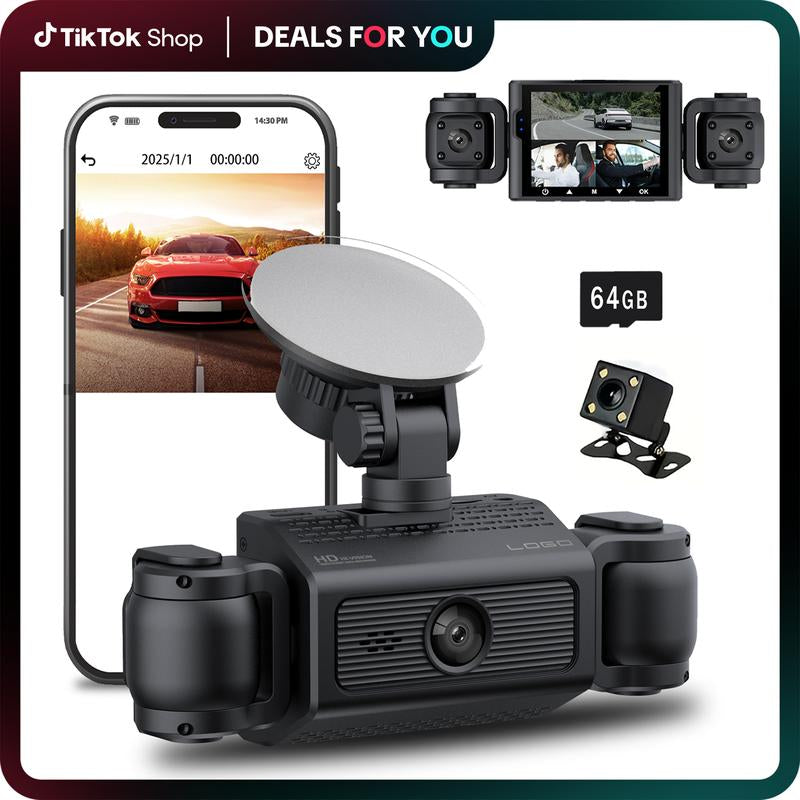 4-Channel 1080P Dashcam with WIFI , Front,Back,Left&Right Adjustable Lens Dash Cam , Car Recorder , Car Camera with IR Night Vision, Cycle Recording, with Free 64 GB Card#Dealsforyoudays Autos Automotive Vehicle Black