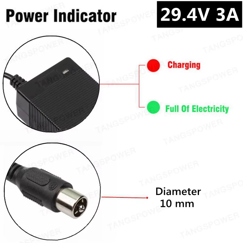 29.4V 3A Lithium Battery Charger for 7Series Li-Ion Battery Pack 24V Charger for 29.4V3A Power Tool Silent Charging