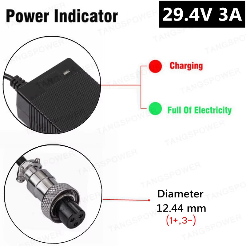 29.4V 3A Lithium Battery Charger for 7Series Li-Ion Battery Pack 24V Charger for 29.4V3A Power Tool Silent Charging