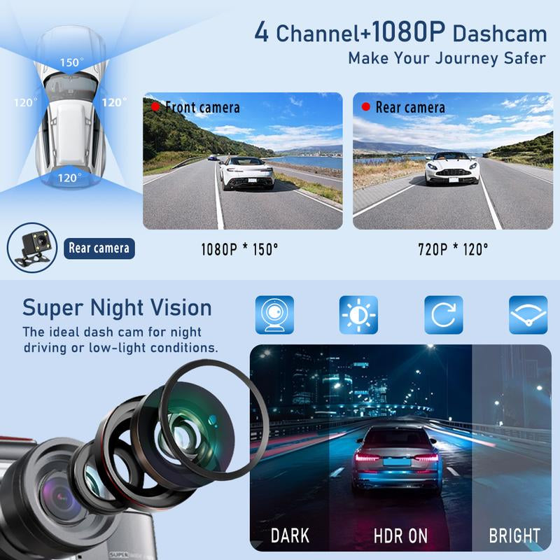 4-Channel 1080P Dashcam with WIFI , Front,Back,Left&Right Adjustable Lens Dash Cam , Car Recorder , Car Camera with IR Night Vision, Cycle Recording, with Free 64 GB Card#Dealsforyoudays Autos Automotive Vehicle Black