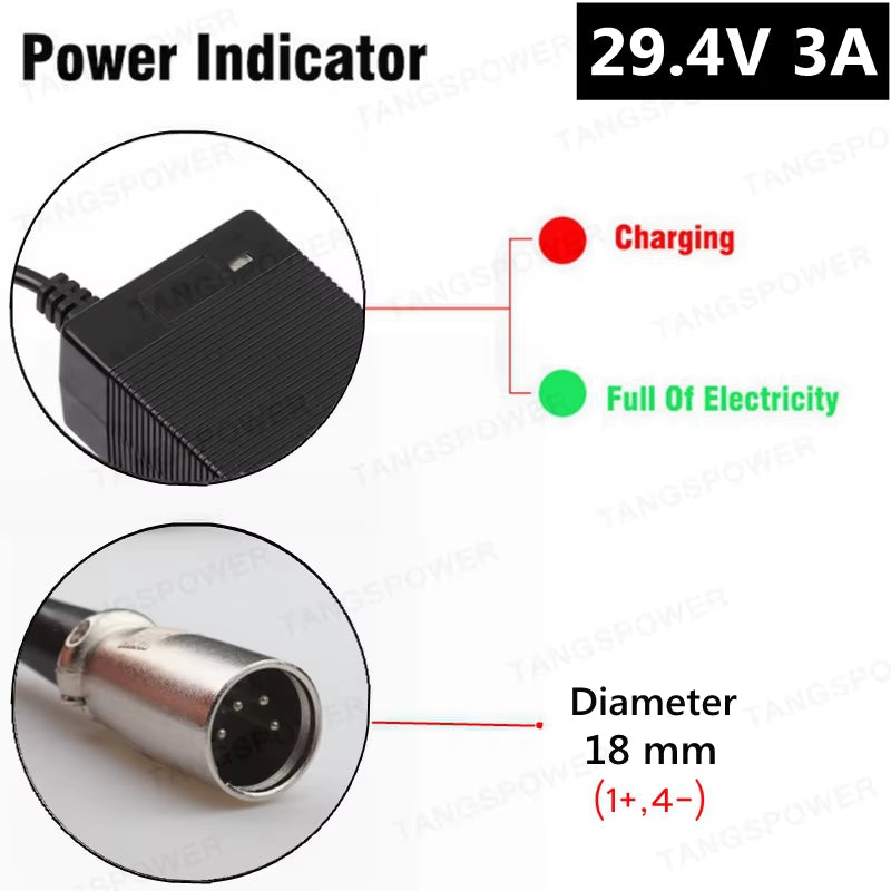 29.4V 3A Lithium Battery Charger for 7Series Li-Ion Battery Pack 24V Charger for 29.4V3A Power Tool Silent Charging