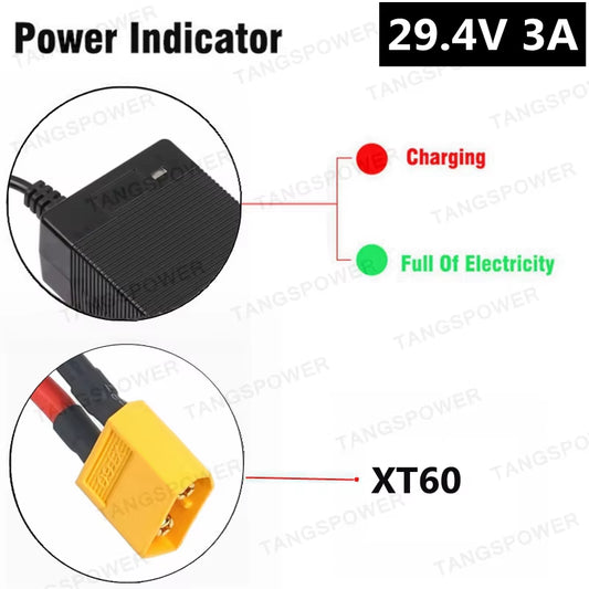 29.4V 3A Lithium Battery Charger for 7Series Li-Ion Battery Pack 24V Charger for 29.4V3A Power Tool Silent Charging