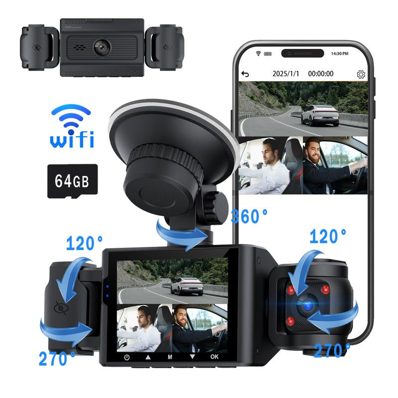 4-Channel 1080P Dashcam with WIFI , Front,Back,Left&Right Adjustable Lens Dash Cam , Car Recorder , Car Camera with IR Night Vision, Cycle Recording, with Free 64 GB Card#Dealsforyoudays Autos Automotive Vehicle Black